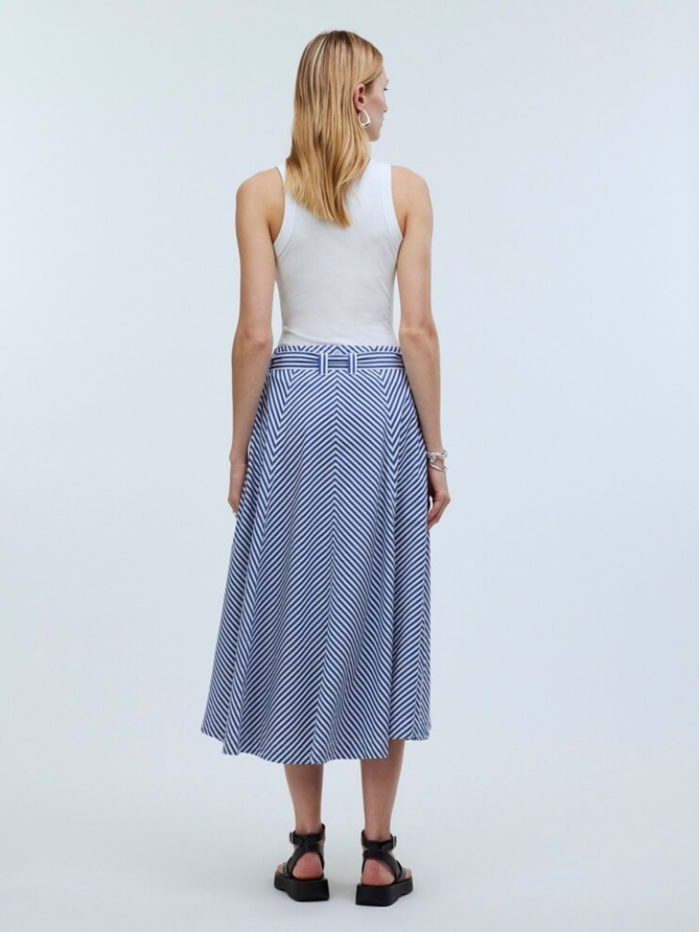 Madewell 100% Cotton Poplin Flared Midi Skirt - Blue White Stripe | Size 6 - Picture 3 of 8